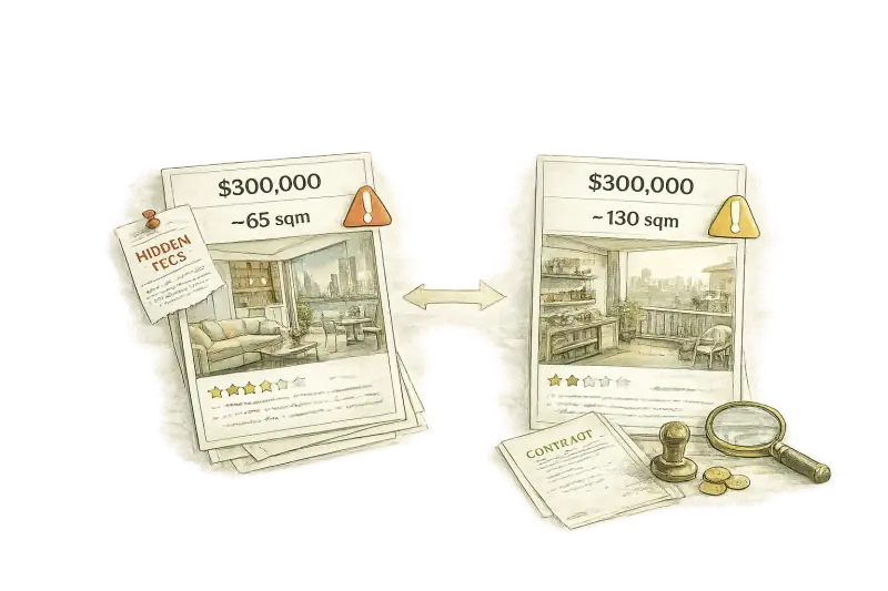 Two listings compared — the same price buying very different homes