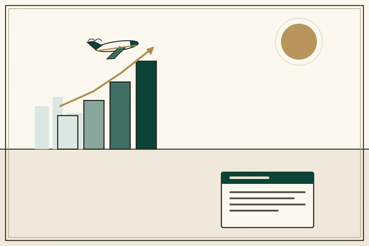 Editorial illustration of a rising bar chart with a gold trend arrow over a pale city skyline, with an aircraft overhead — in the ivory, jade and gold broadsheet style of Research Cambodia