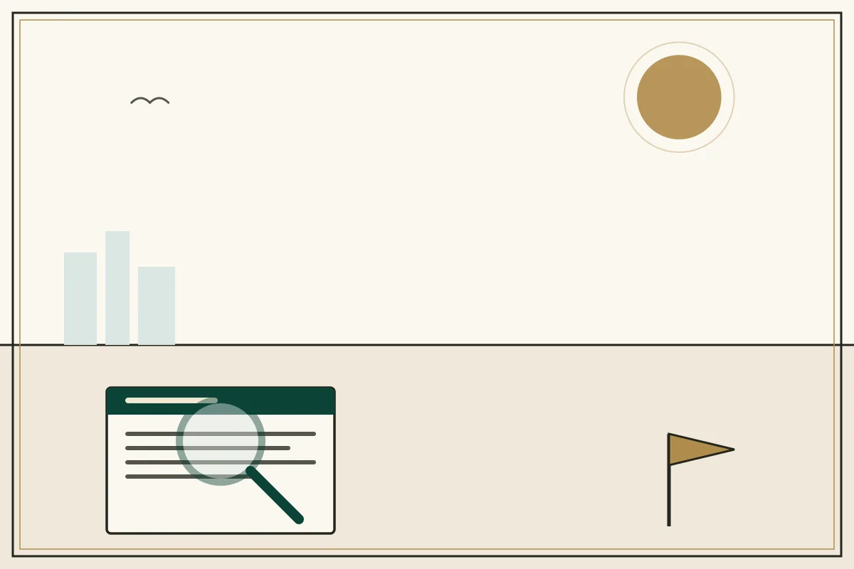 Editorial illustration of a magnifying glass over a document with a gold warning pennant — in the ivory, jade and gold broadsheet style of Research Cambodia