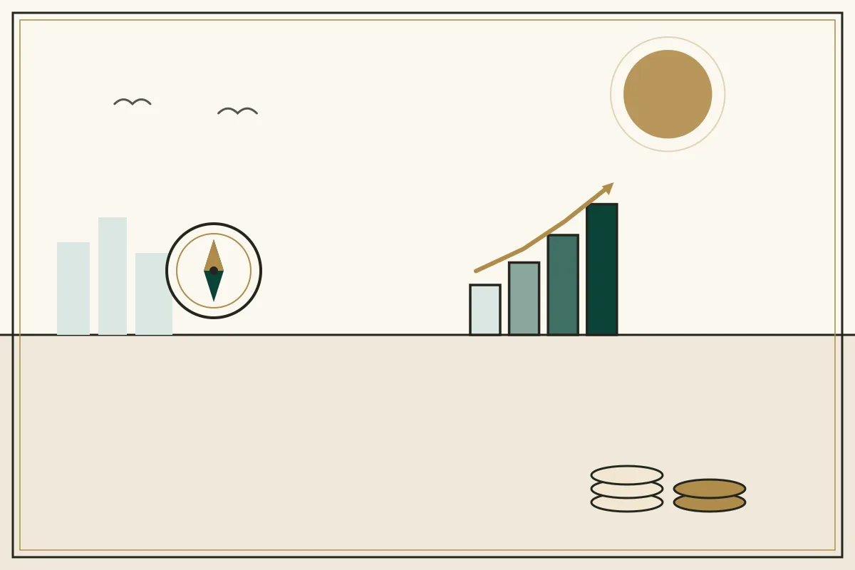 Editorial illustration of a compass and rising chart with stacked coins — in the ivory, jade and gold broadsheet style of Research Cambodia