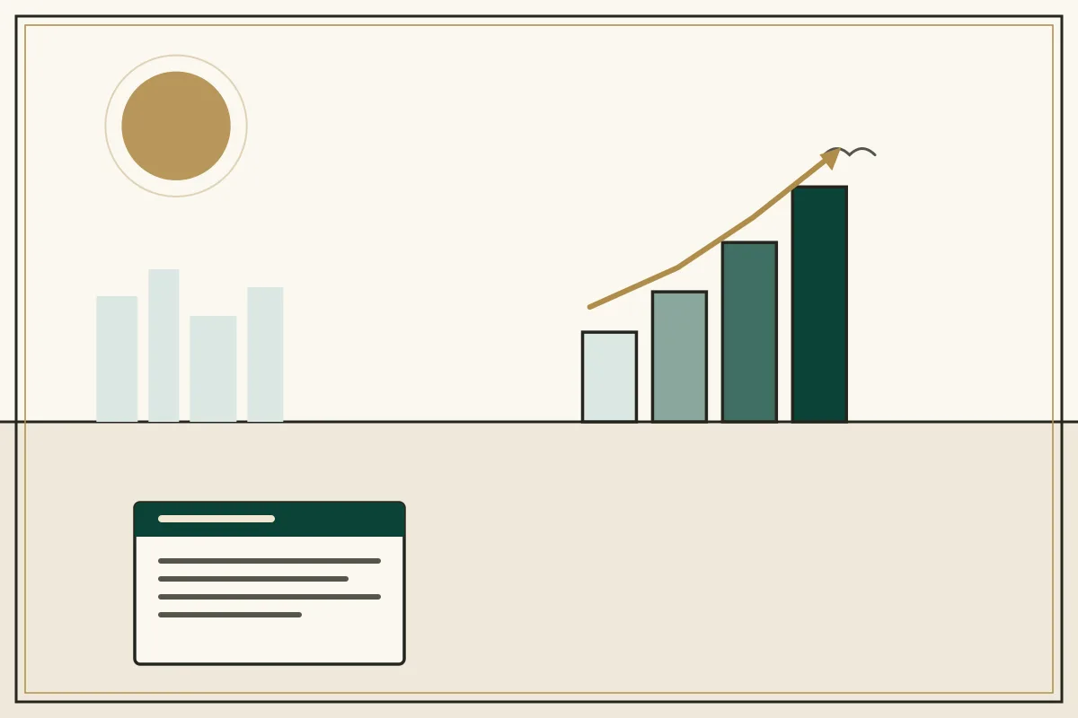 Editorial illustration of a rising bar chart with a gold trend arrow over a pale city skyline — in the ivory, jade and gold broadsheet style of Research Cambodia