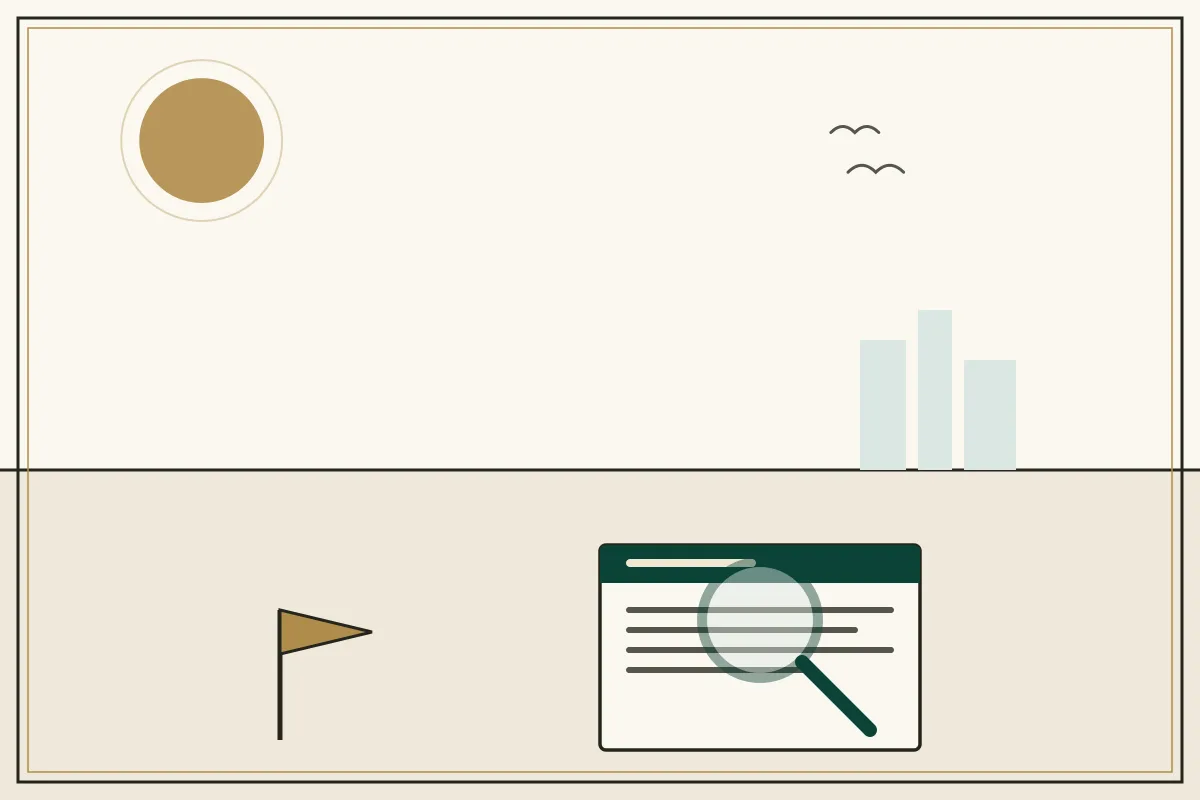 Editorial illustration of a magnifying glass over a document with a gold warning pennant — in the ivory, jade and gold broadsheet style of Research Cambodia