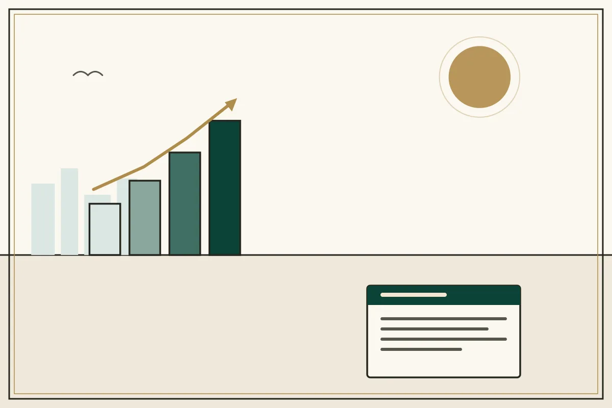 Editorial illustration of a rising bar chart with a gold trend arrow over a pale city skyline — in the ivory, jade and gold broadsheet style of Research Cambodia