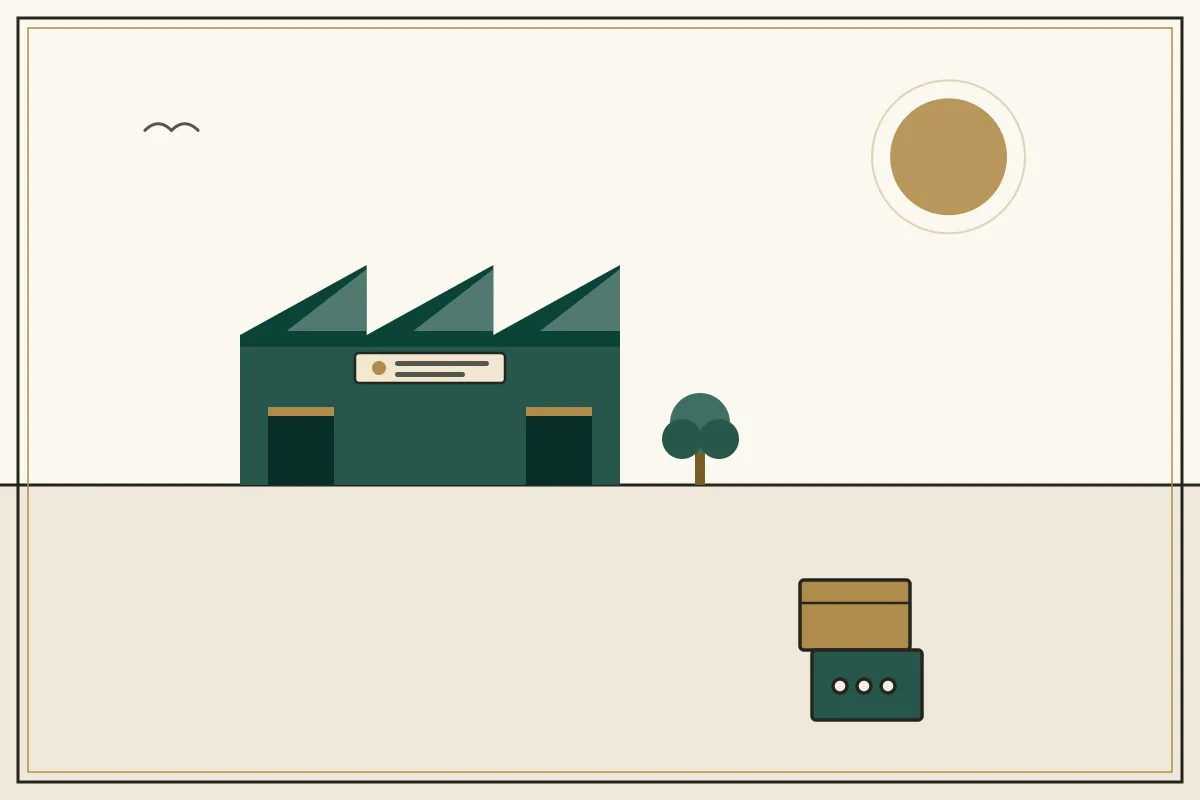 Editorial illustration of a jade factory hall with sawtooth roof and stacked shipping crates — in the ivory, jade and gold broadsheet style of Research Cambodia
