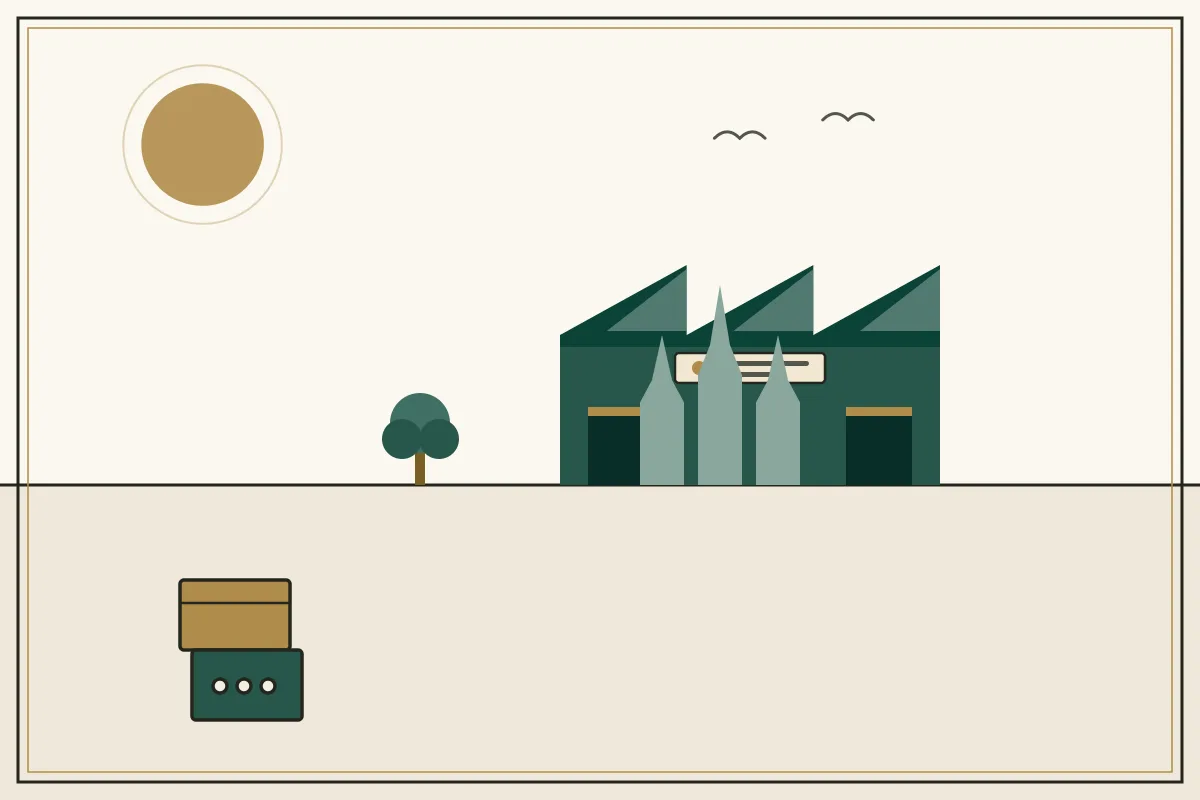 Editorial illustration of a jade factory hall with sawtooth roof and stacked shipping crates, with Angkor-style temple towers — in the ivory, jade and gold broadsheet style of Research Cambodia