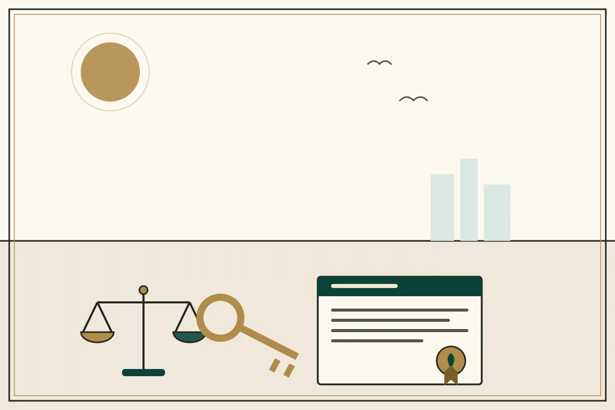 Editorial illustration of a sealed legal document beside the scales of justice — in the ivory, jade and gold broadsheet style of Research Cambodia