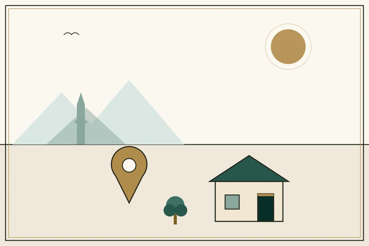 Editorial illustration of a landscape with a large gold map pin, houses and a stupa on the horizon — in the ivory, jade and gold broadsheet style of Research Cambodia