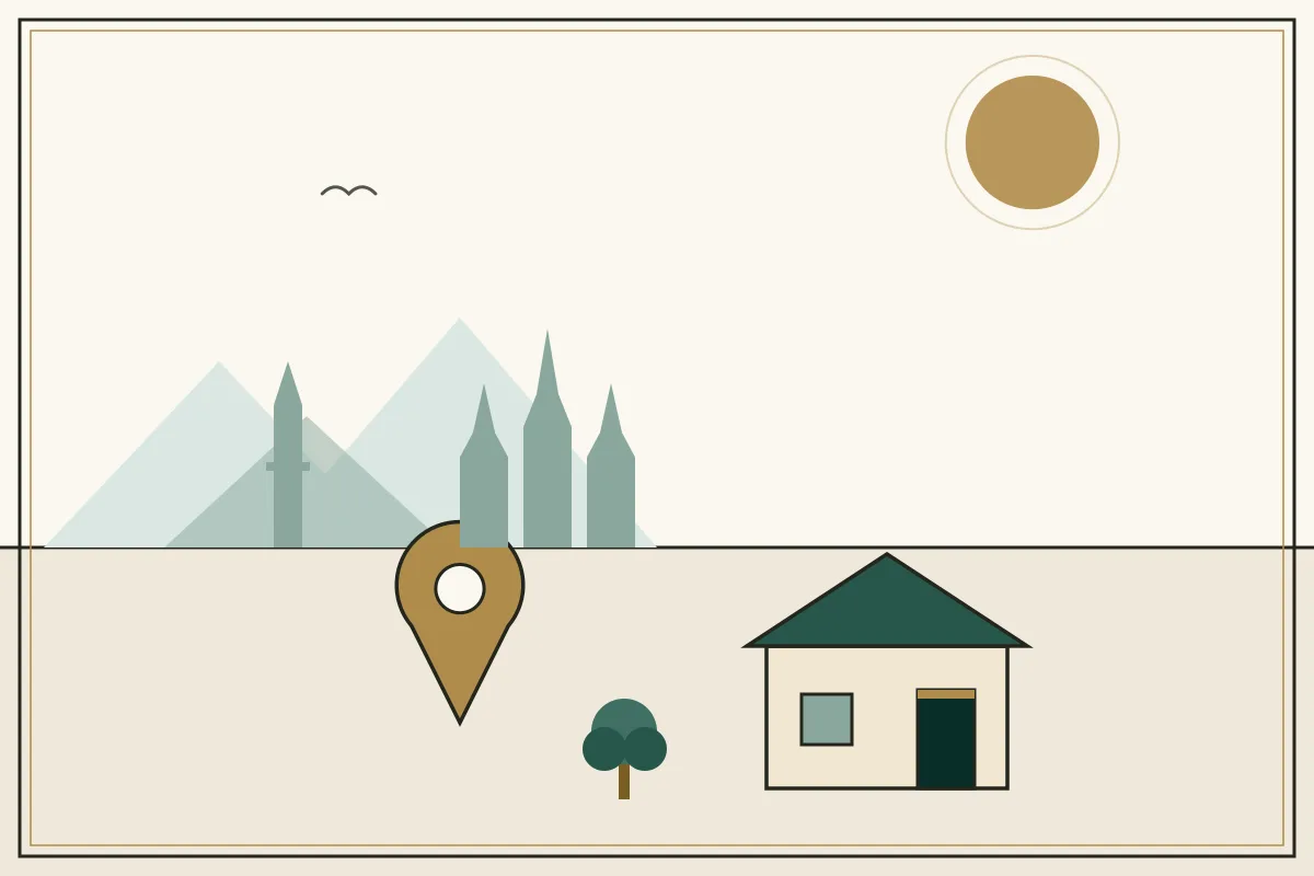 Editorial illustration of a landscape with a large gold map pin, houses and a stupa on the horizon, with Angkor-style temple towers — in the ivory, jade and gold broadsheet style of Research Cambodia