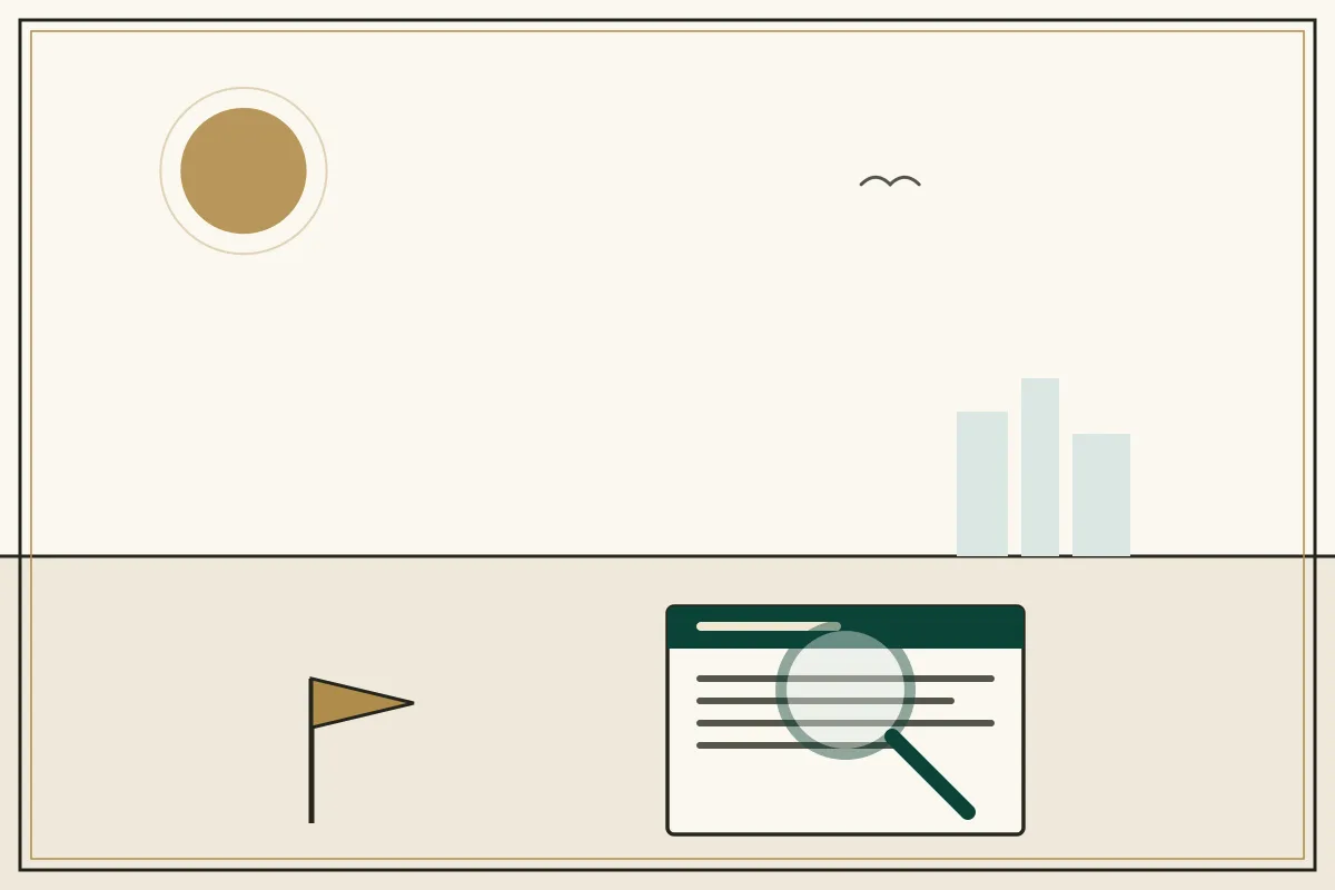 Editorial illustration of a magnifying glass over a document with a gold warning pennant — in the ivory, jade and gold broadsheet style of Research Cambodia