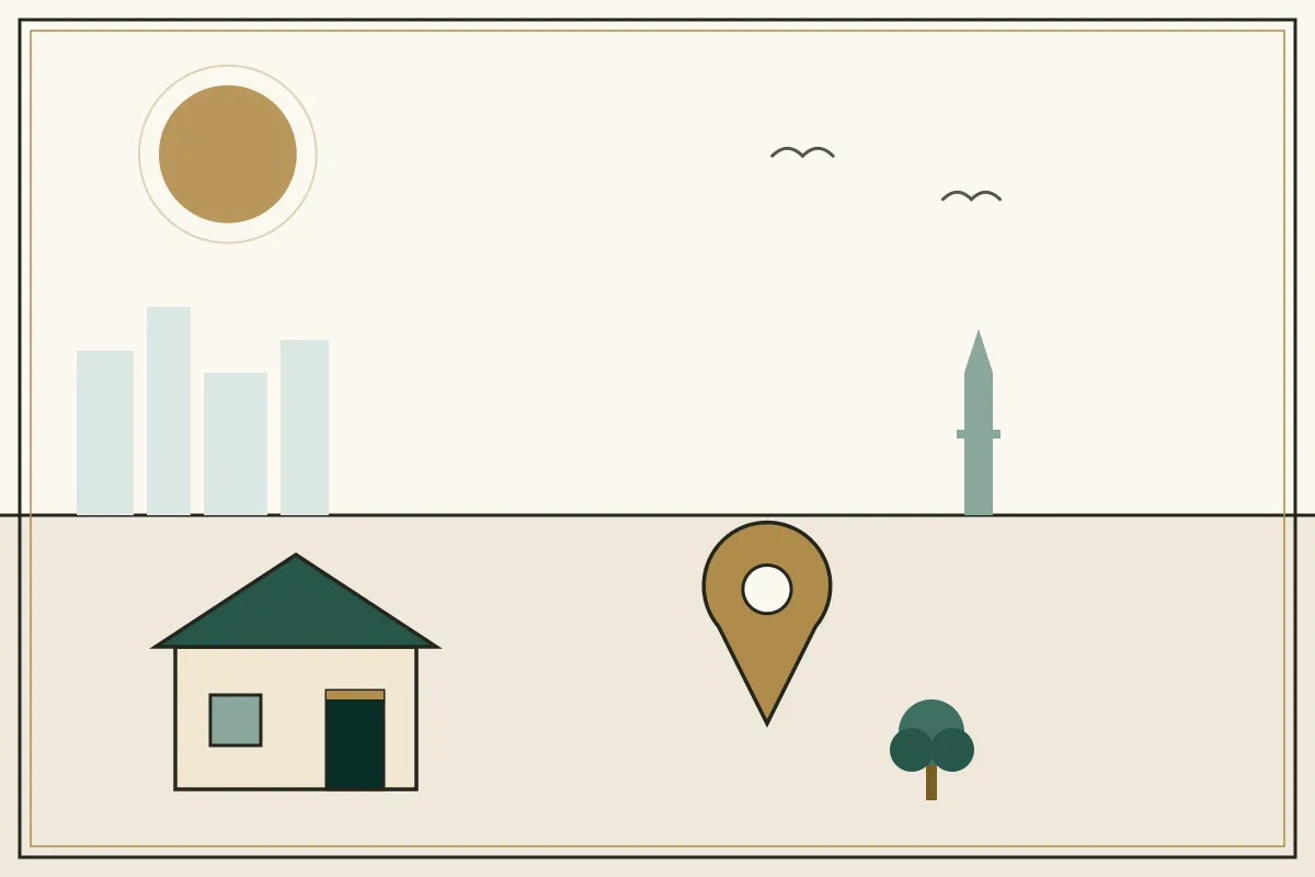 Editorial illustration of a landscape with a large gold map pin, houses and a stupa on the horizon — in the ivory, jade and gold broadsheet style of Research Cambodia
