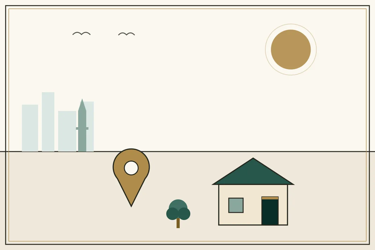 Editorial illustration of a landscape with a large gold map pin, houses and a stupa on the horizon — in the ivory, jade and gold broadsheet style of Research Cambodia