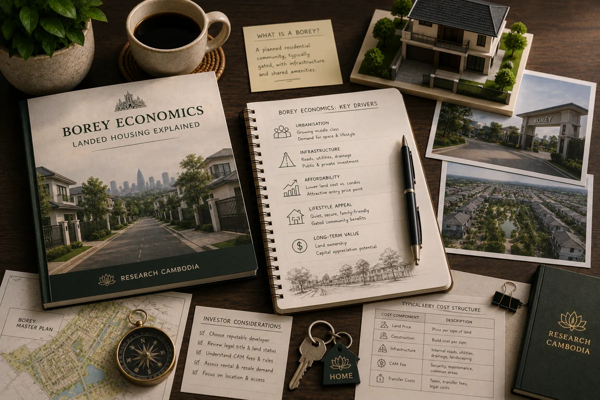 Book titled Borey Economics, Landed Housing Explained with notes on key drivers, a borey master plan, gated-community photos, and house keys