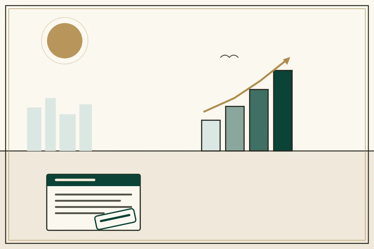 Editorial illustration of a rising bar chart with a gold trend arrow over a pale city skyline — in the ivory, jade and gold broadsheet style of Research Cambodia
