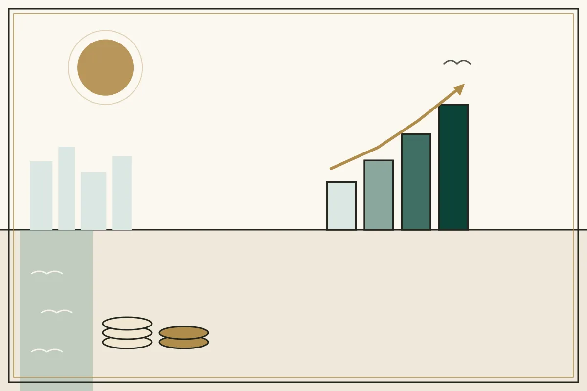 Editorial illustration of a rising bar chart with a gold trend arrow over a pale city skyline, with a coastal water strip — in the ivory, jade and gold broadsheet style of Research Cambodia
