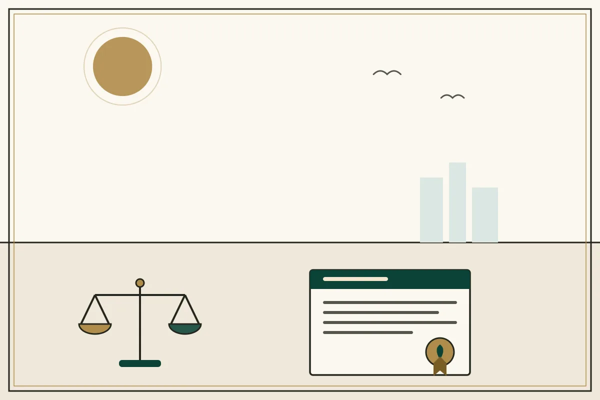 Editorial illustration of a sealed legal document beside the scales of justice — in the ivory, jade and gold broadsheet style of Research Cambodia