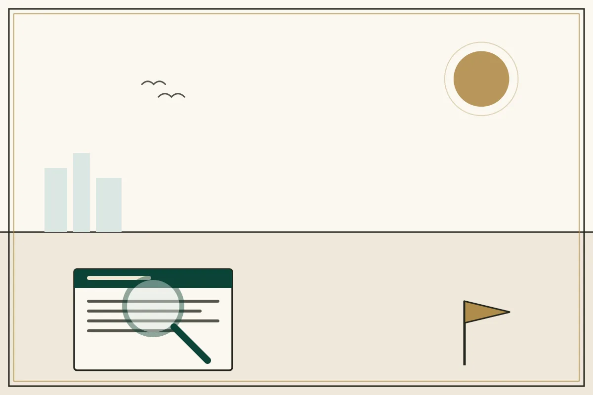 Editorial illustration of a magnifying glass over a document with a gold warning pennant — in the ivory, jade and gold broadsheet style of Research Cambodia