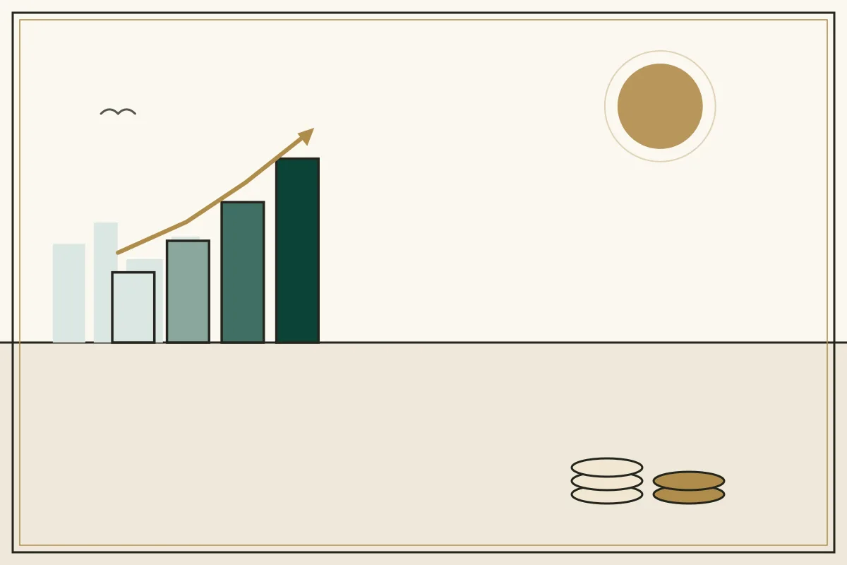 Editorial illustration of a rising bar chart with a gold trend arrow over a pale city skyline — in the ivory, jade and gold broadsheet style of Research Cambodia