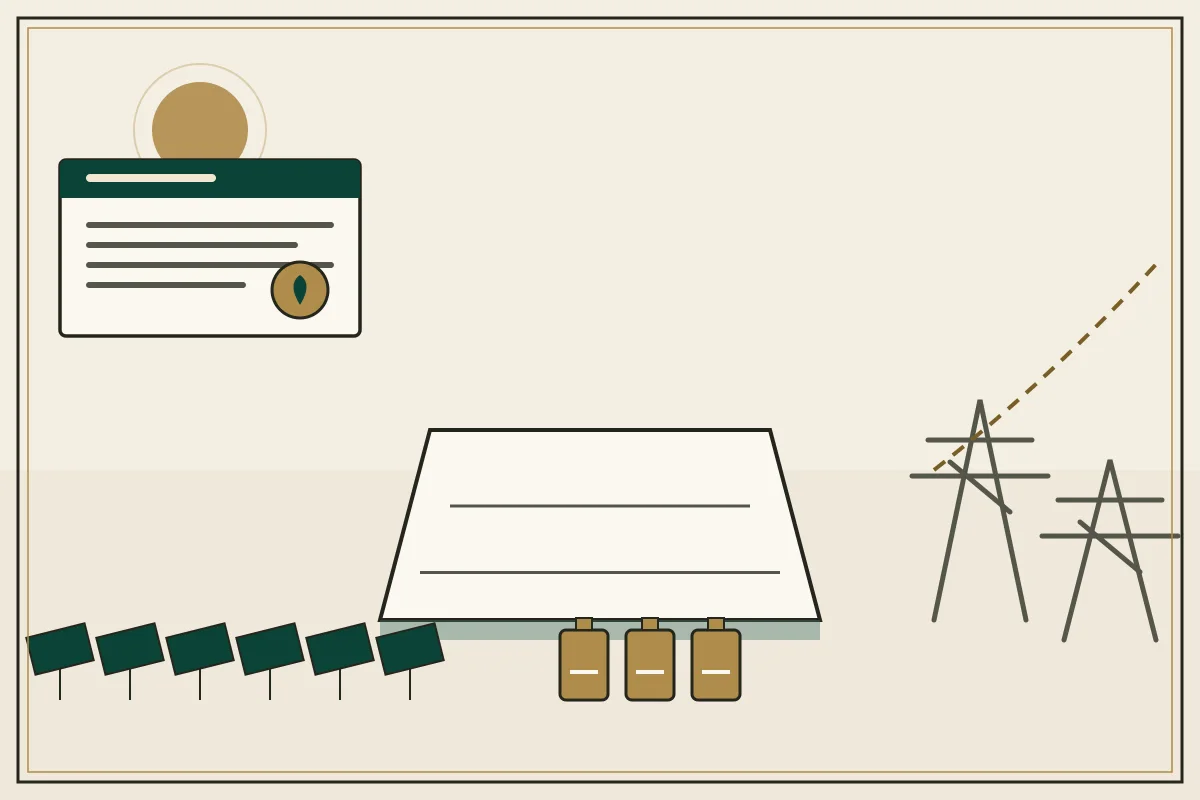 Editorial illustration of a solar panel array with battery storage units in front, a row of small wind turbines, an official certificate, and pylons trailing a dashed export line off toward the horizon — in the ivory, jade and gold broadsheet style of Research Cambodia