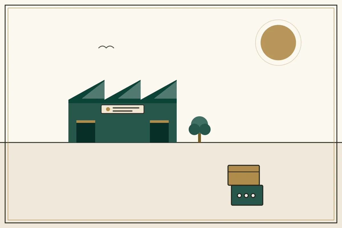 Editorial illustration of a jade factory hall with sawtooth roof and stacked shipping crates — in the ivory, jade and gold broadsheet style of Research Cambodia