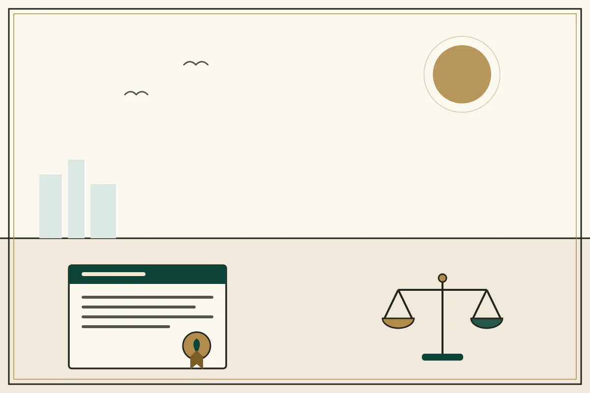 Editorial illustration of a sealed legal document beside the scales of justice — in the ivory, jade and gold broadsheet style of Research Cambodia