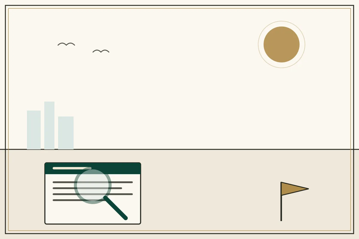 Editorial illustration of a magnifying glass over a document with a gold warning pennant — in the ivory, jade and gold broadsheet style of Research Cambodia
