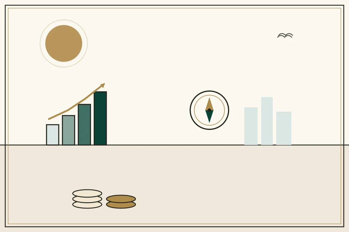 Editorial illustration of a compass and rising chart with stacked coins — in the ivory, jade and gold broadsheet style of Research Cambodia
