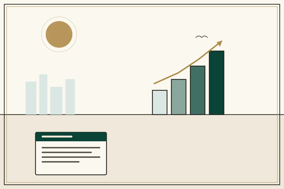 Editorial illustration of a rising bar chart with a gold trend arrow over a pale city skyline — in the ivory, jade and gold broadsheet style of Research Cambodia