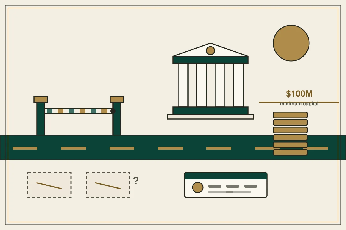 Editorial illustration of a border checkpoint with a brass barrier across a road, a jade central-bank-style facade with columns behind it, a stack of brass coins rising to a marked $100M line, and a licence card in the foreground — in the ivory, jade and gold broadsheet style of Research Cambodia