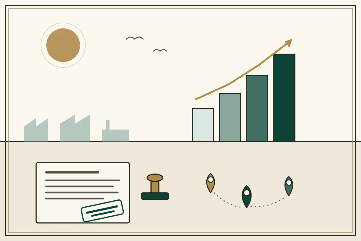 Editorial illustration of a rising bar chart with a gold trend arrow, an approval document being stamped, and map pins linked across provinces with factory silhouettes on the horizon