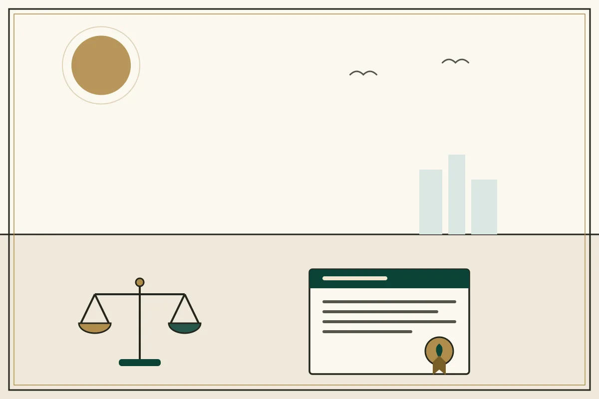 Editorial illustration of a sealed legal document beside the scales of justice — in the ivory, jade and gold broadsheet style of Research Cambodia