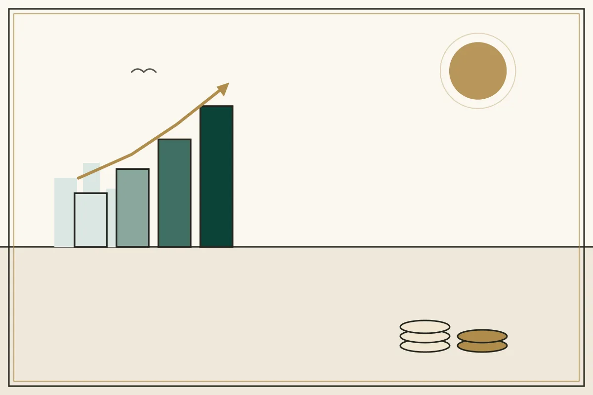 Editorial illustration of a rising bar chart with a gold trend arrow over a pale city skyline — in the ivory, jade and gold broadsheet style of Research Cambodia