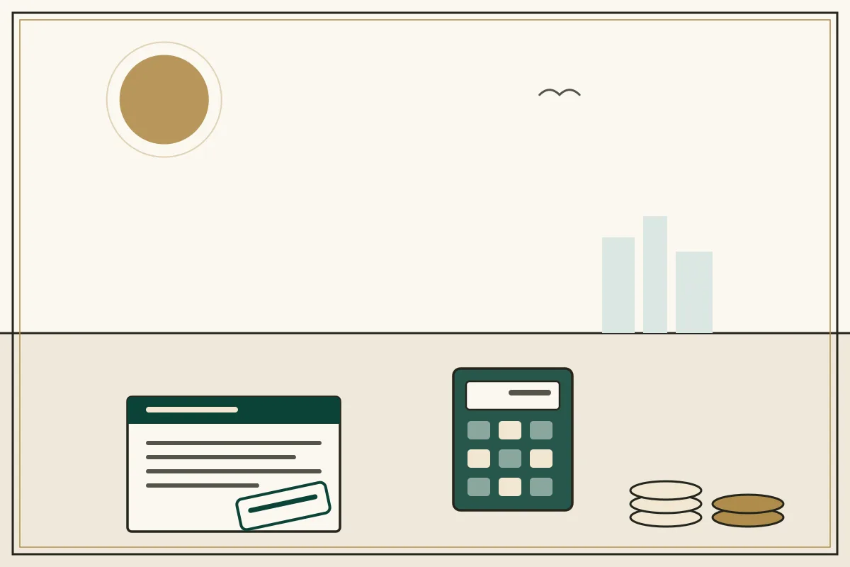 Editorial illustration of a calculator, a stamped tax document and stacked coins — in the ivory, jade and gold broadsheet style of Research Cambodia