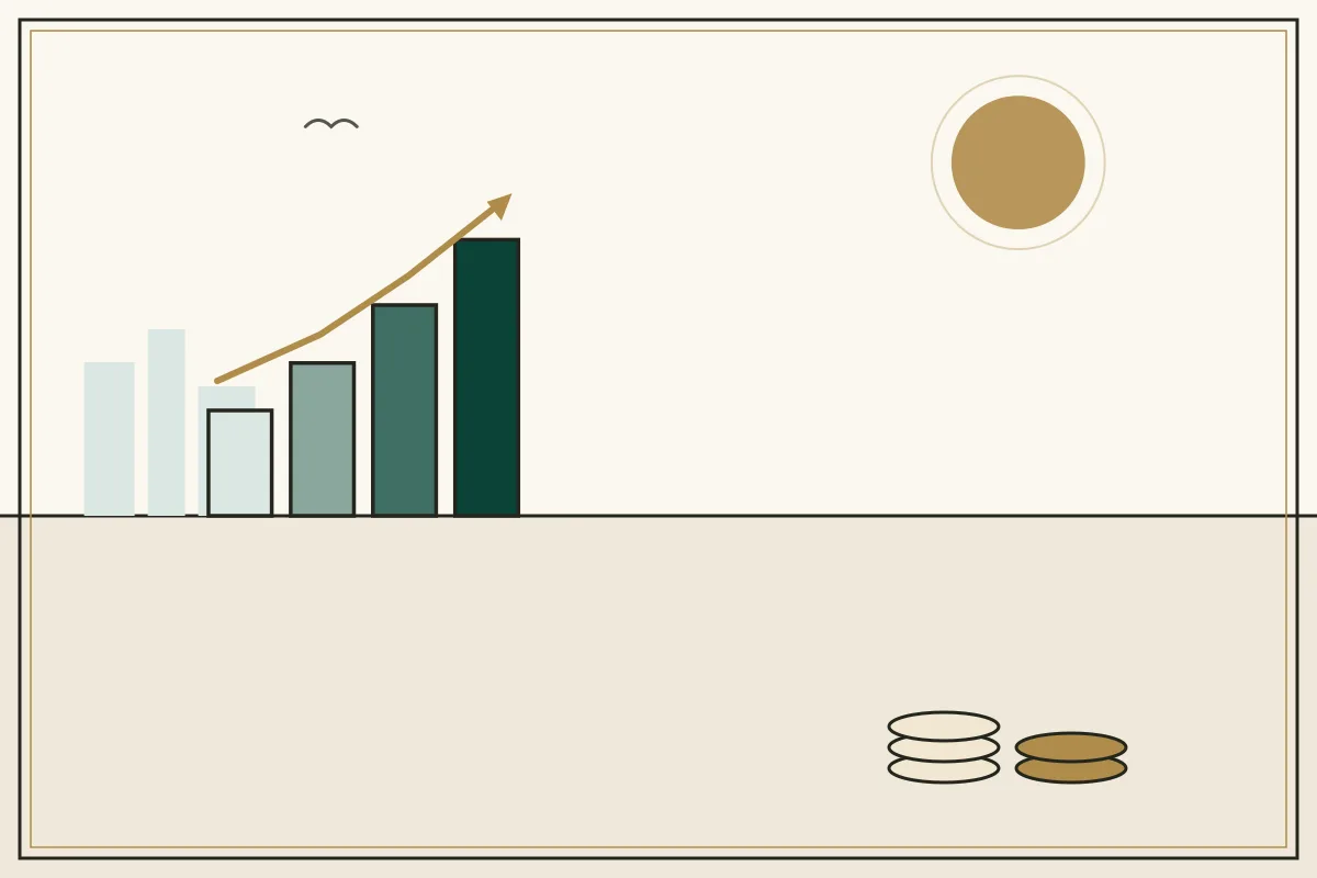 Editorial illustration of a rising bar chart with a gold trend arrow over a pale city skyline — in the ivory, jade and gold broadsheet style of Research Cambodia