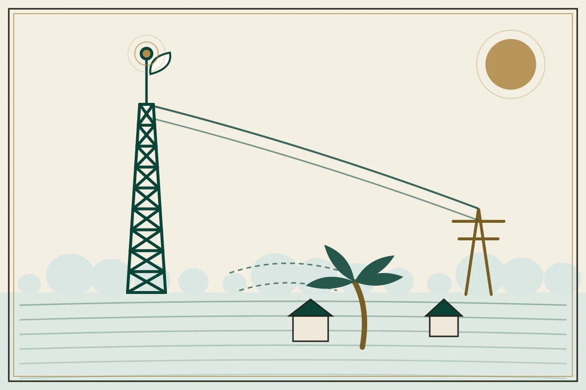 Editorial illustration of a weathered telecom tower on stilts rising from a rural Cambodian landscape, with rice paddies and a distant tree line, a single power line running to it — in the ivory, jade and gold broadsheet style of Research Cambodia