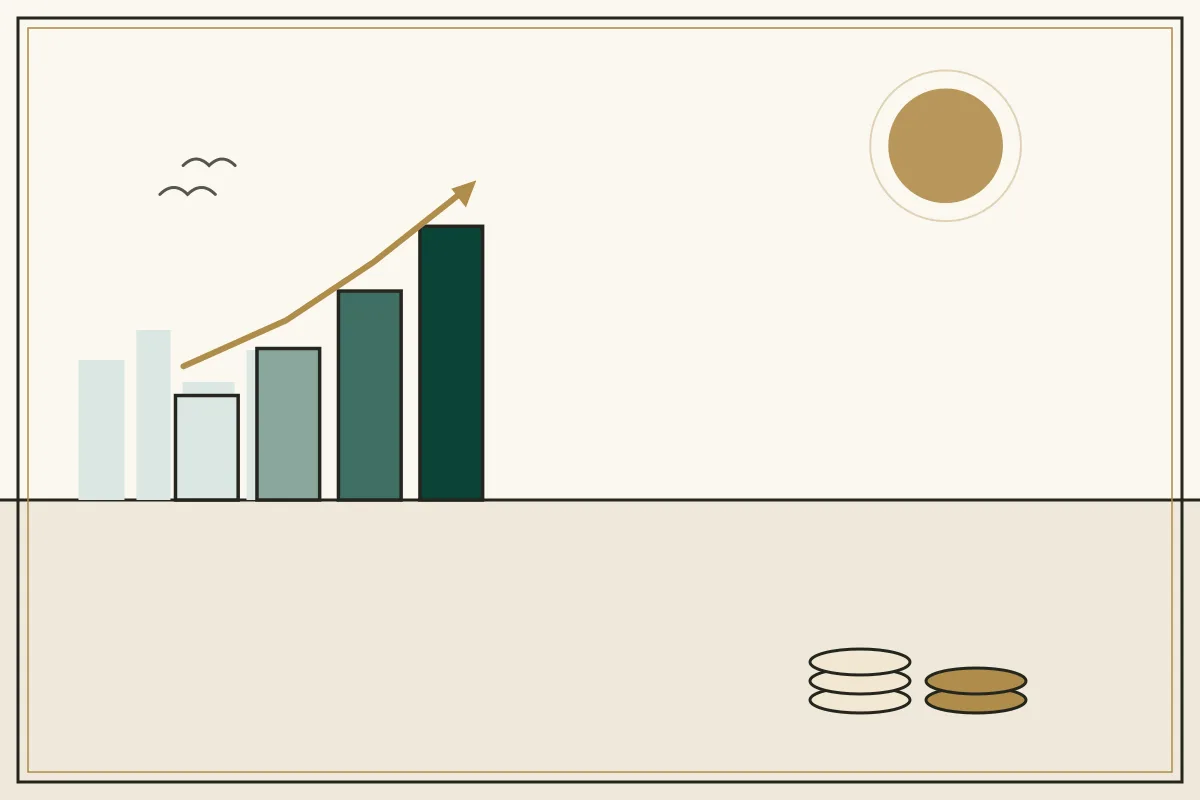 Editorial illustration of a rising bar chart with a gold trend arrow over a pale city skyline — in the ivory, jade and gold broadsheet style of Research Cambodia