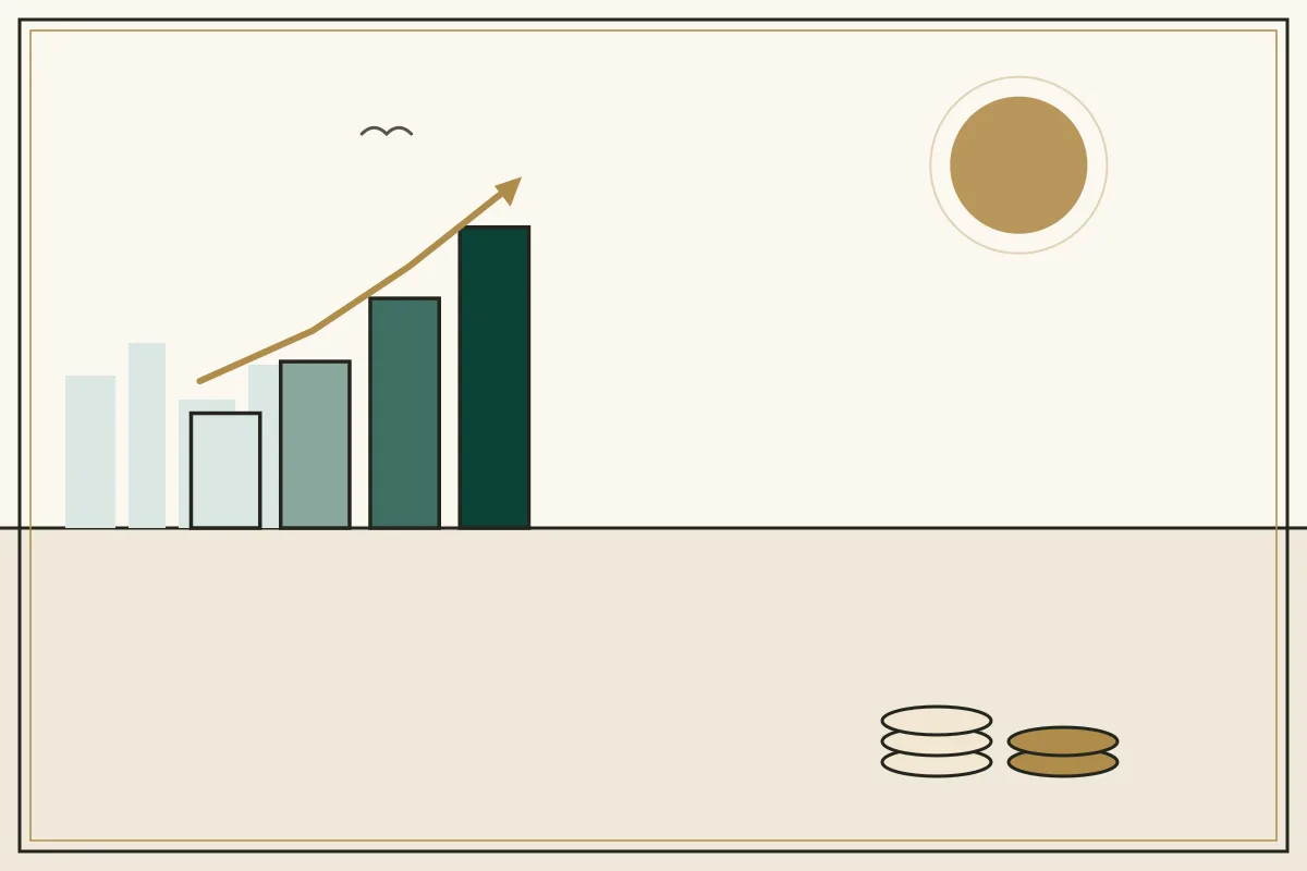 Editorial illustration of a rising bar chart with a gold trend arrow over a pale city skyline — in the ivory, jade and gold broadsheet style of Research Cambodia