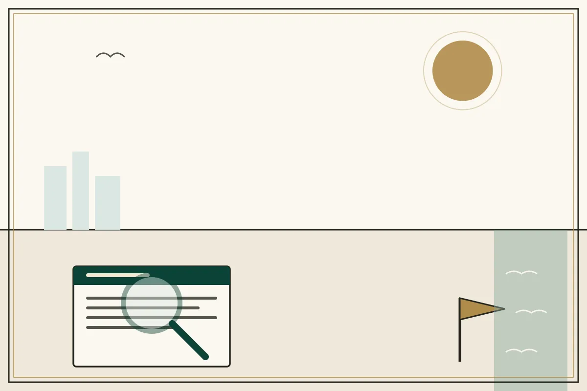 Editorial illustration of a magnifying glass over a document with a gold warning pennant, with a coastal water strip — in the ivory, jade and gold broadsheet style of Research Cambodia