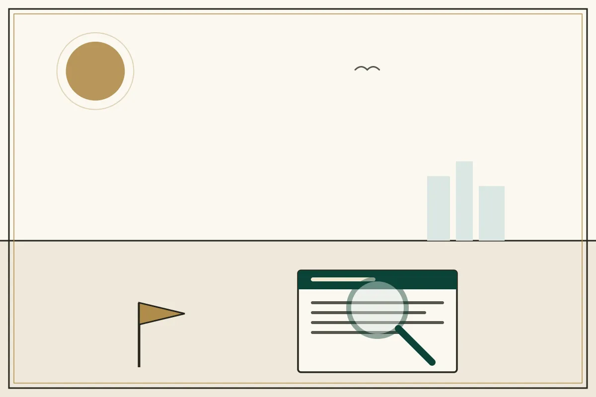 Editorial illustration of a magnifying glass over a document with a gold warning pennant — in the ivory, jade and gold broadsheet style of Research Cambodia