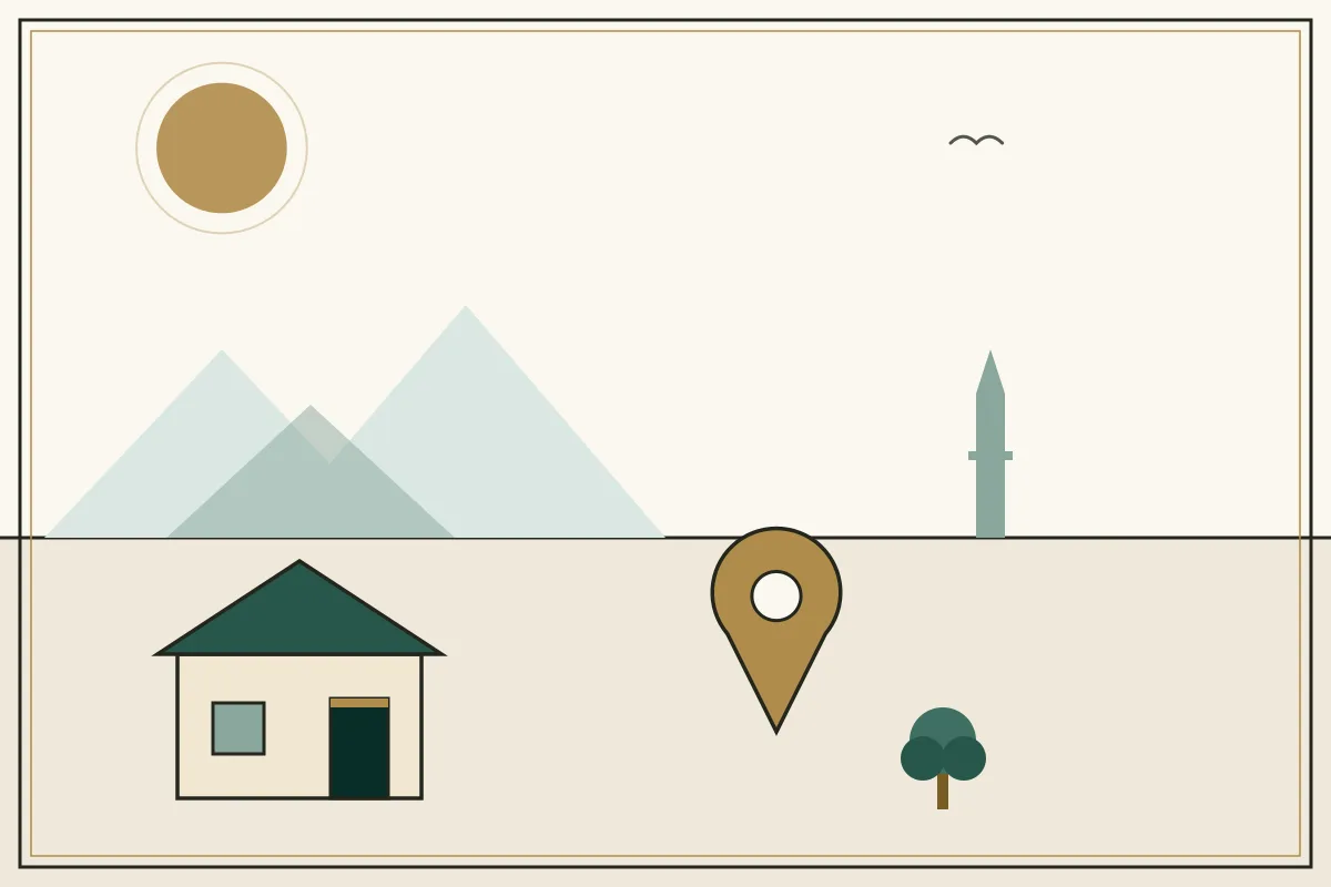 Editorial illustration of a landscape with a large gold map pin, houses and a stupa on the horizon — in the ivory, jade and gold broadsheet style of Research Cambodia
