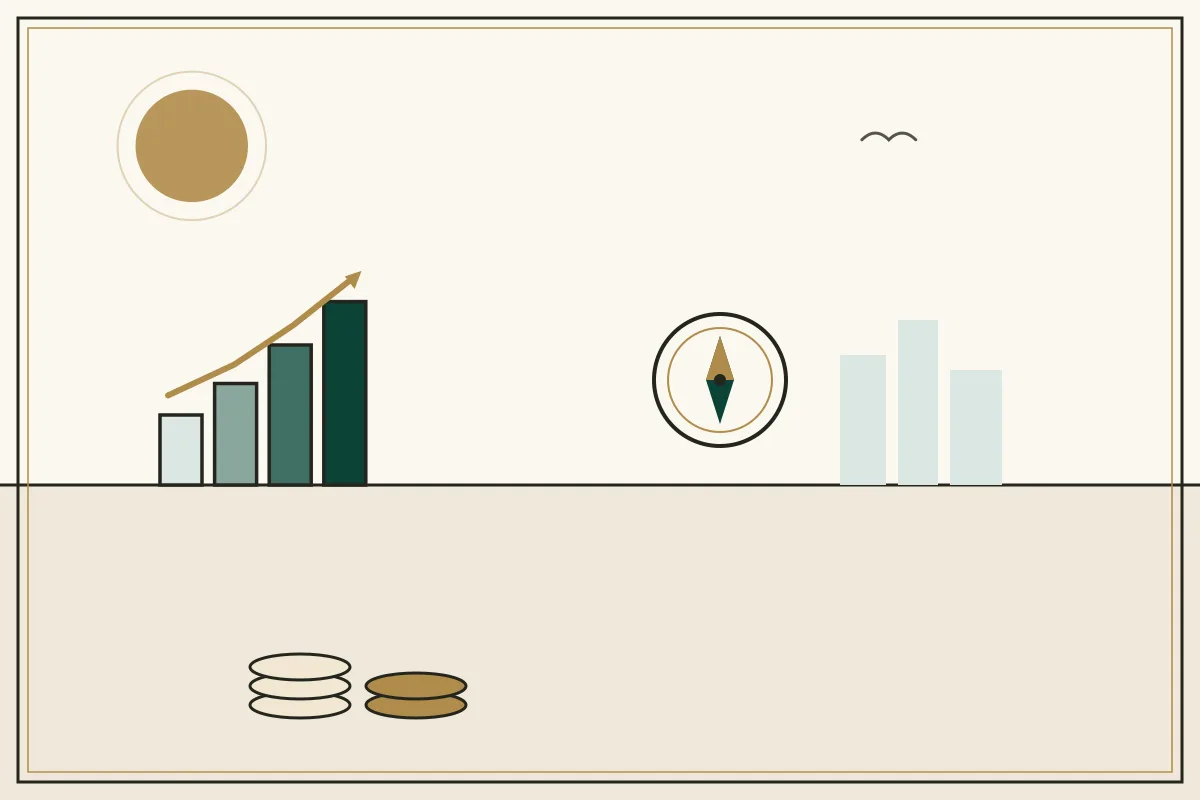 Editorial illustration of a compass and rising chart with stacked coins — in the ivory, jade and gold broadsheet style of Research Cambodia