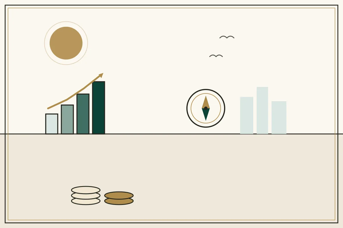 Editorial illustration of a compass and rising chart with stacked coins — in the ivory, jade and gold broadsheet style of Research Cambodia