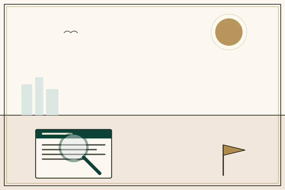Editorial illustration of a magnifying glass over a document with a gold warning pennant — in the ivory, jade and gold broadsheet style of Research Cambodia