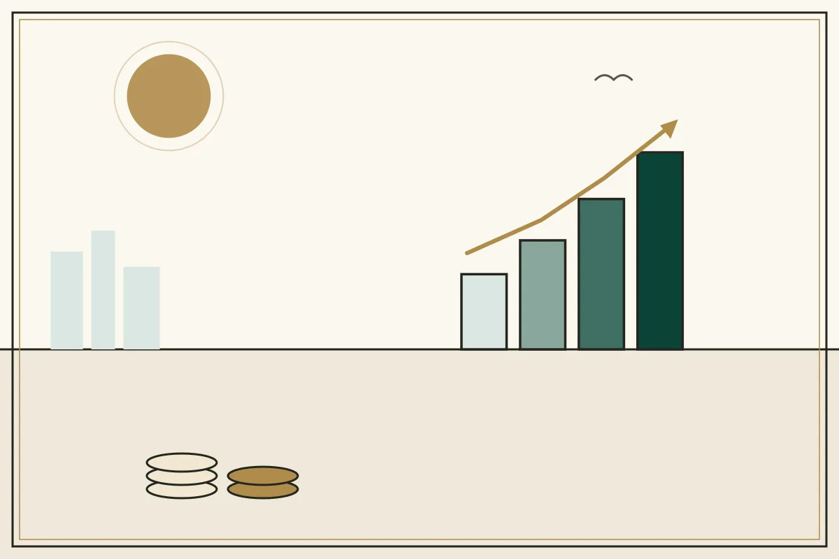 Editorial illustration of a rising bar chart with a gold trend arrow over a pale city skyline — in the ivory, jade and gold broadsheet style of Research Cambodia