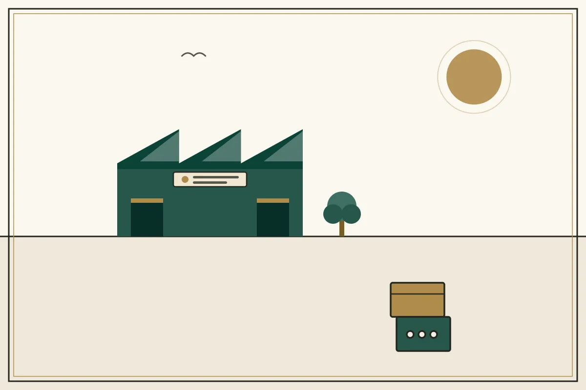 Editorial illustration of a jade factory hall with sawtooth roof and stacked shipping crates — in the ivory, jade and gold broadsheet style of Research Cambodia