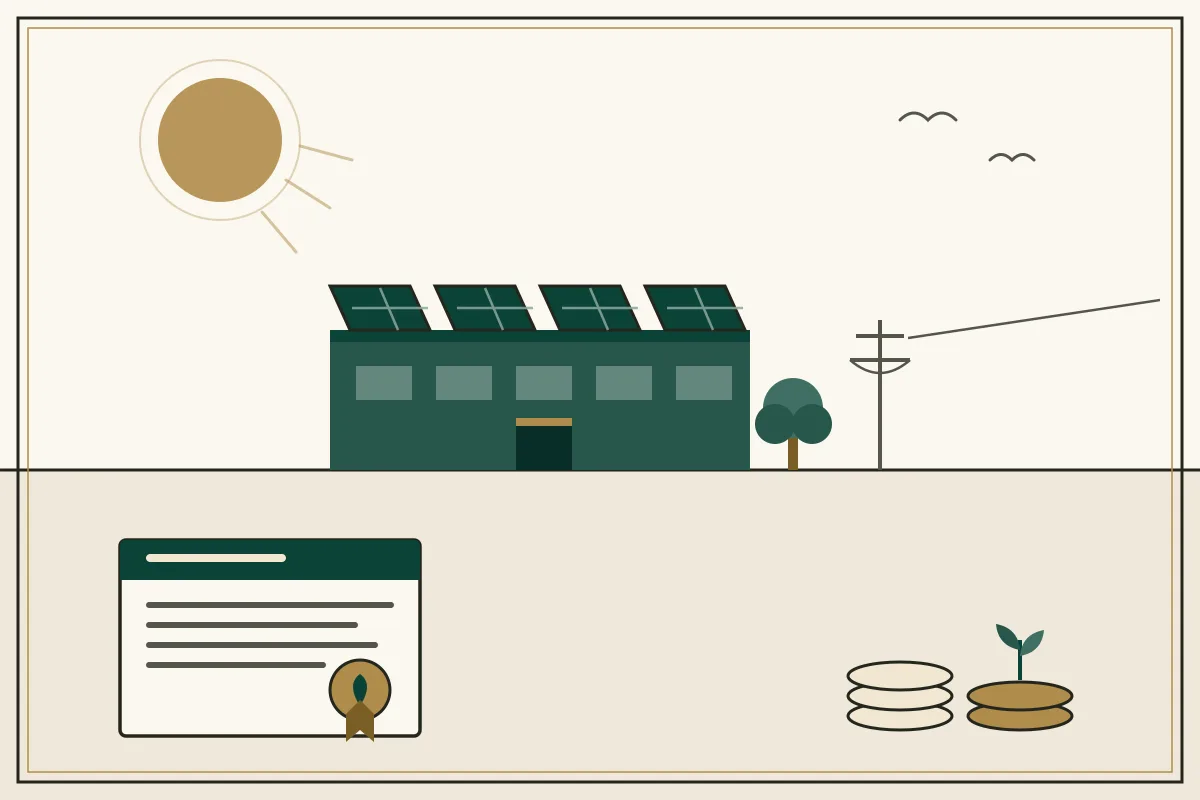 Editorial illustration of a factory with rooftop solar panels beside a green bond certificate with a gold leaf seal and coin stacks sprouting a seedling — in the ivory, jade and gold palette of Research Cambodia