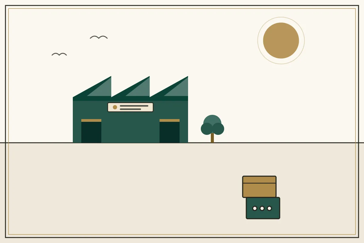 Editorial illustration of a jade factory hall with sawtooth roof and stacked shipping crates — in the ivory, jade and gold broadsheet style of Research Cambodia