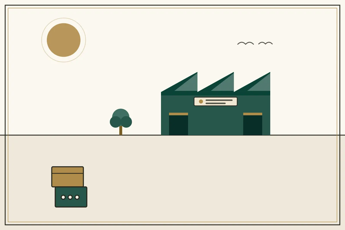 Editorial illustration of a jade factory hall with sawtooth roof and stacked shipping crates — in the ivory, jade and gold broadsheet style of Research Cambodia