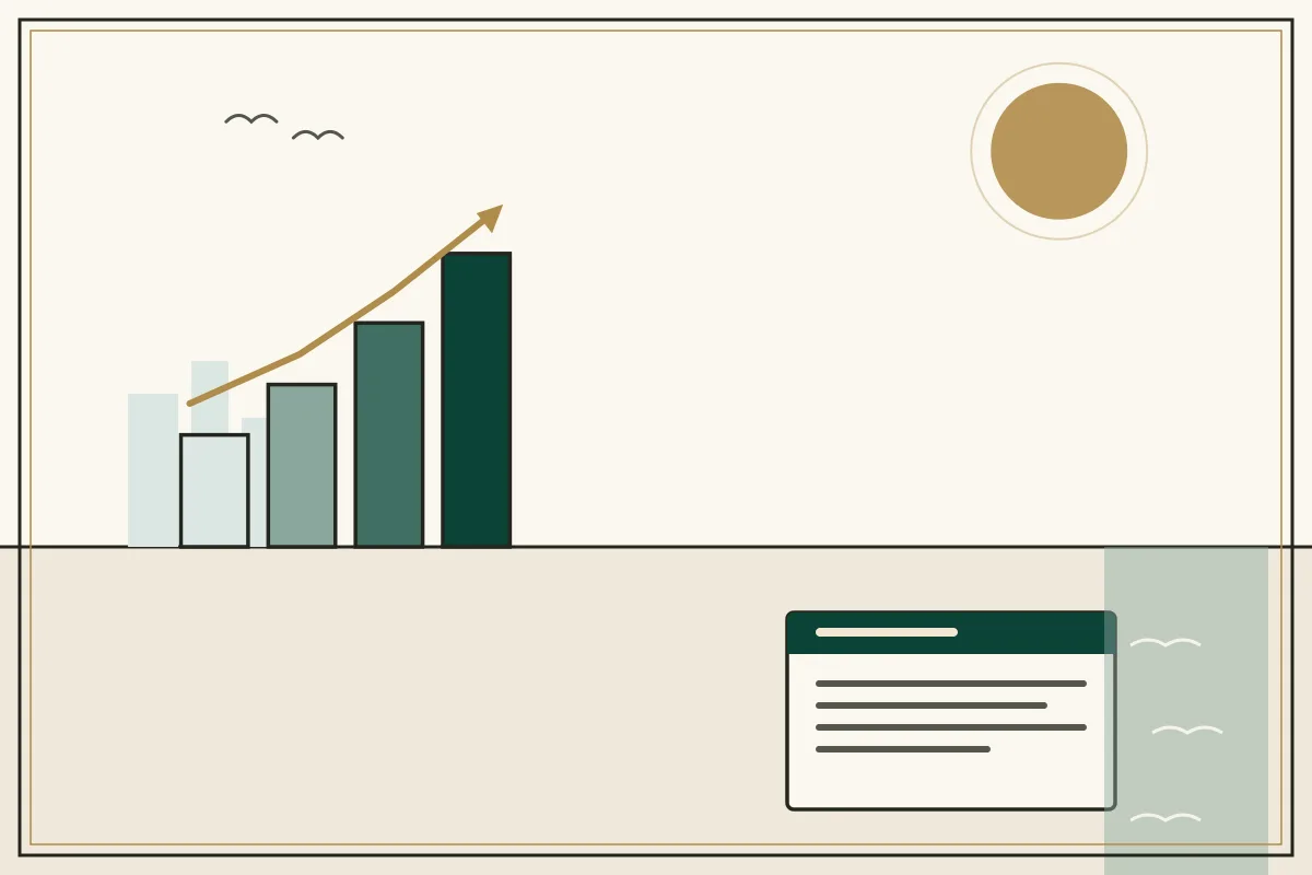 Editorial illustration of a rising bar chart with a gold trend arrow over a pale city skyline, with a coastal water strip — in the ivory, jade and gold broadsheet style of Research Cambodia