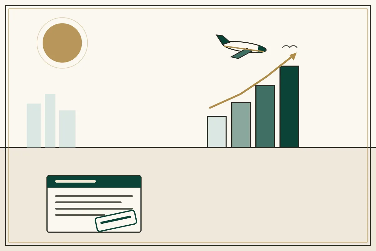 Editorial illustration of a rising bar chart with a gold trend arrow over a pale city skyline, with an aircraft overhead — in the ivory, jade and gold broadsheet style of Research Cambodia