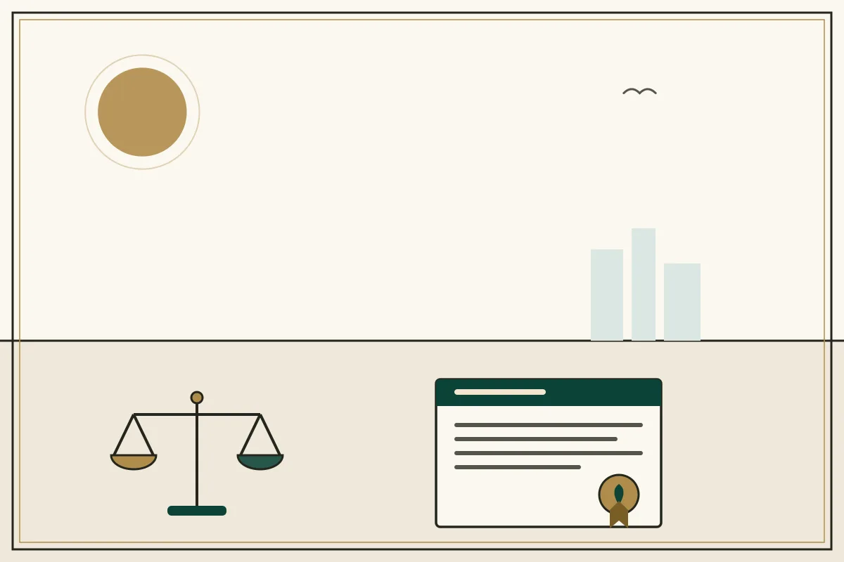 Editorial illustration of a sealed legal document beside the scales of justice — in the ivory, jade and gold broadsheet style of Research Cambodia